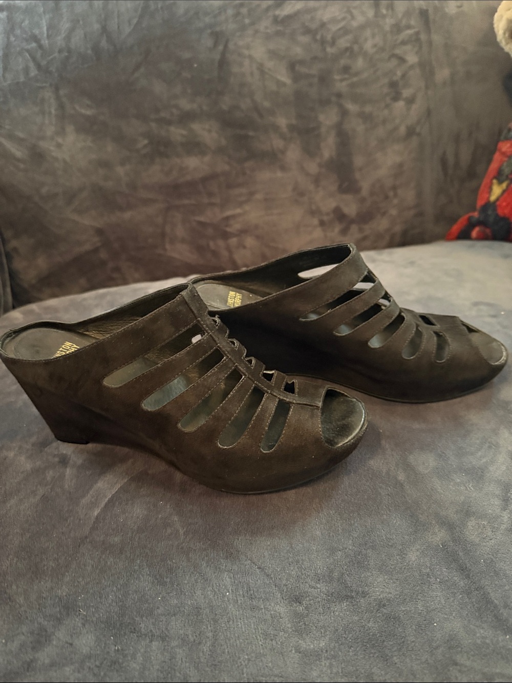 Johnston & Murphy Black Suede Cutout Wedge Mules